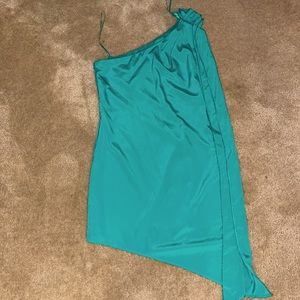 One shoulder formal green mini dress.